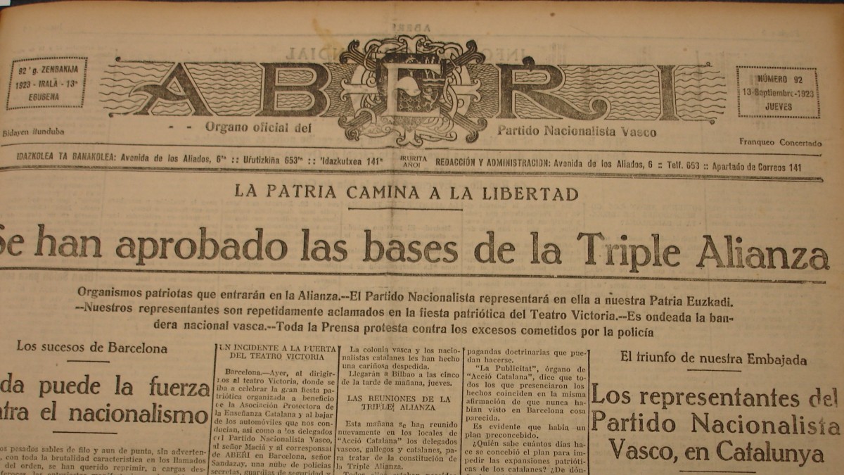 La Triple Alianza, pacto de amistad y colaboración entre Euskadi, Catalunya y Galiza, cumple hoy cien años